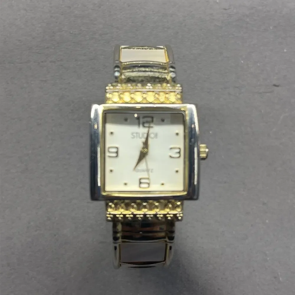 Studio Time Women’s Square Gold Tone Cuff Bangle Quartz Watch Opal Needs Battery